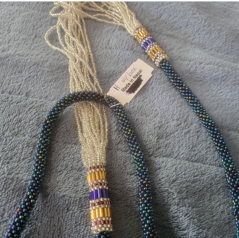 Nepali Seed Bead Rope Necklace Blue Multi Strand Crochet Boho Waterfall N9E