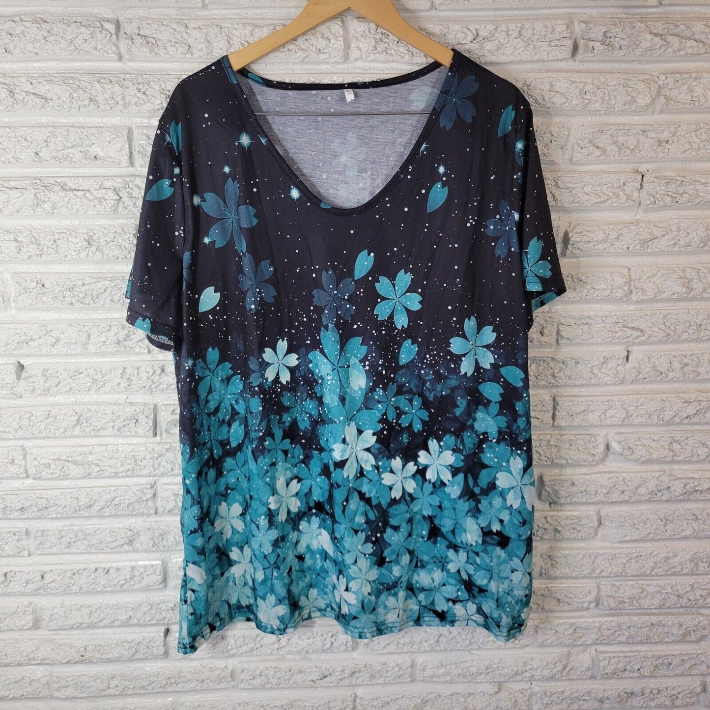 Womens Top 5XL Plus Tee Short Sleeve Blue Floral Cotton Blend Lightweight Comfy