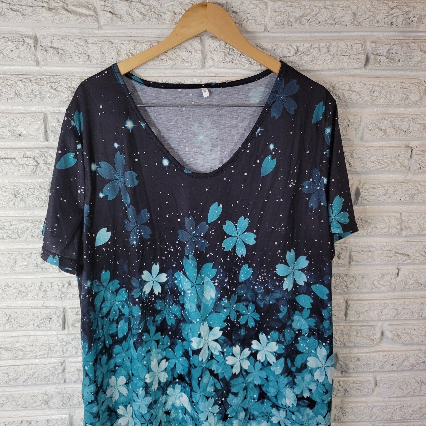 Womens Top 5XL Plus Tee Short Sleeve Blue Floral Cotton Blend Lightweight Comfy