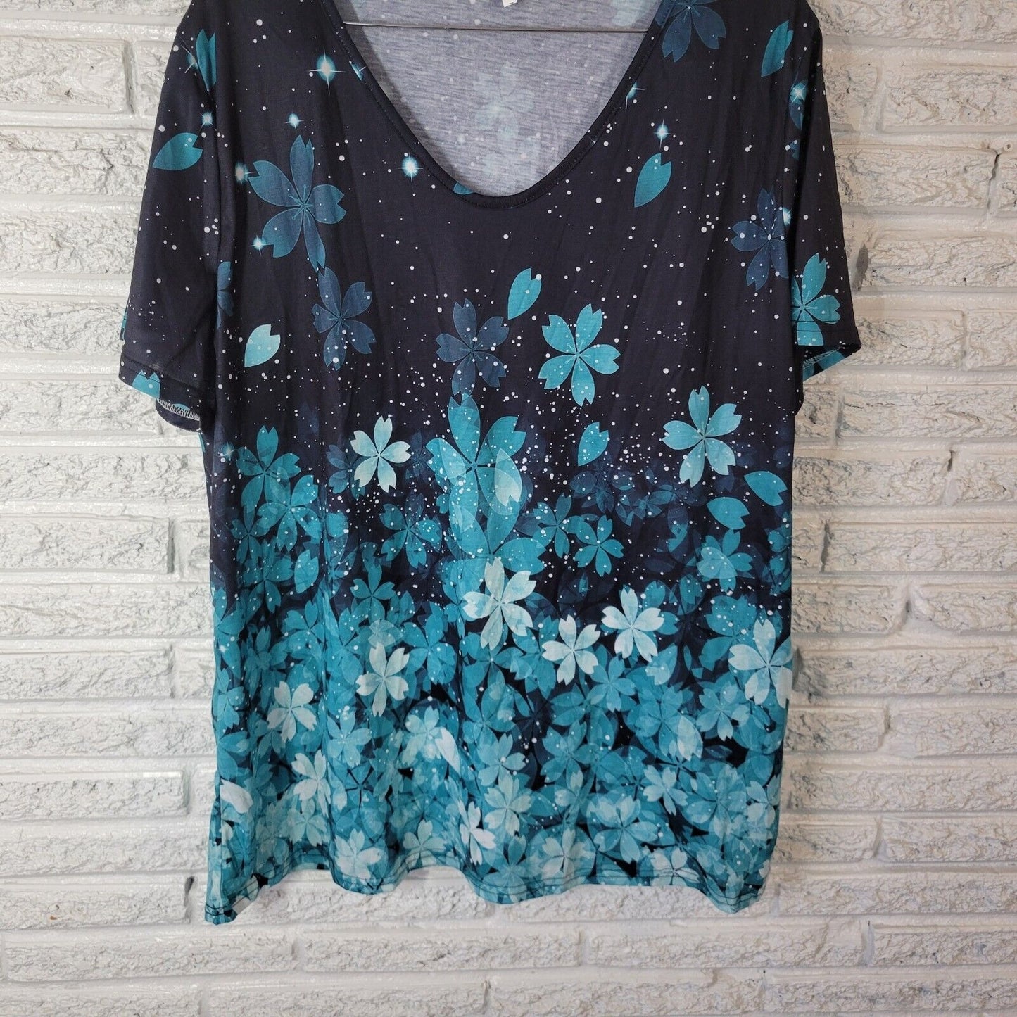 Womens Top 5XL Plus Tee Short Sleeve Blue Floral Cotton Blend Lightweight Comfy