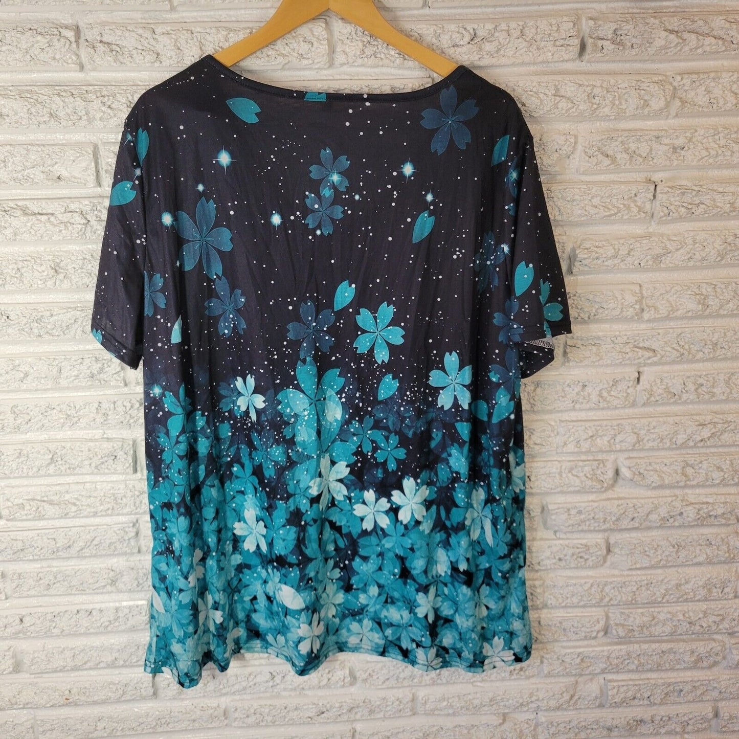 Womens Top 5XL Plus Tee Short Sleeve Blue Floral Cotton Blend Lightweight Comfy