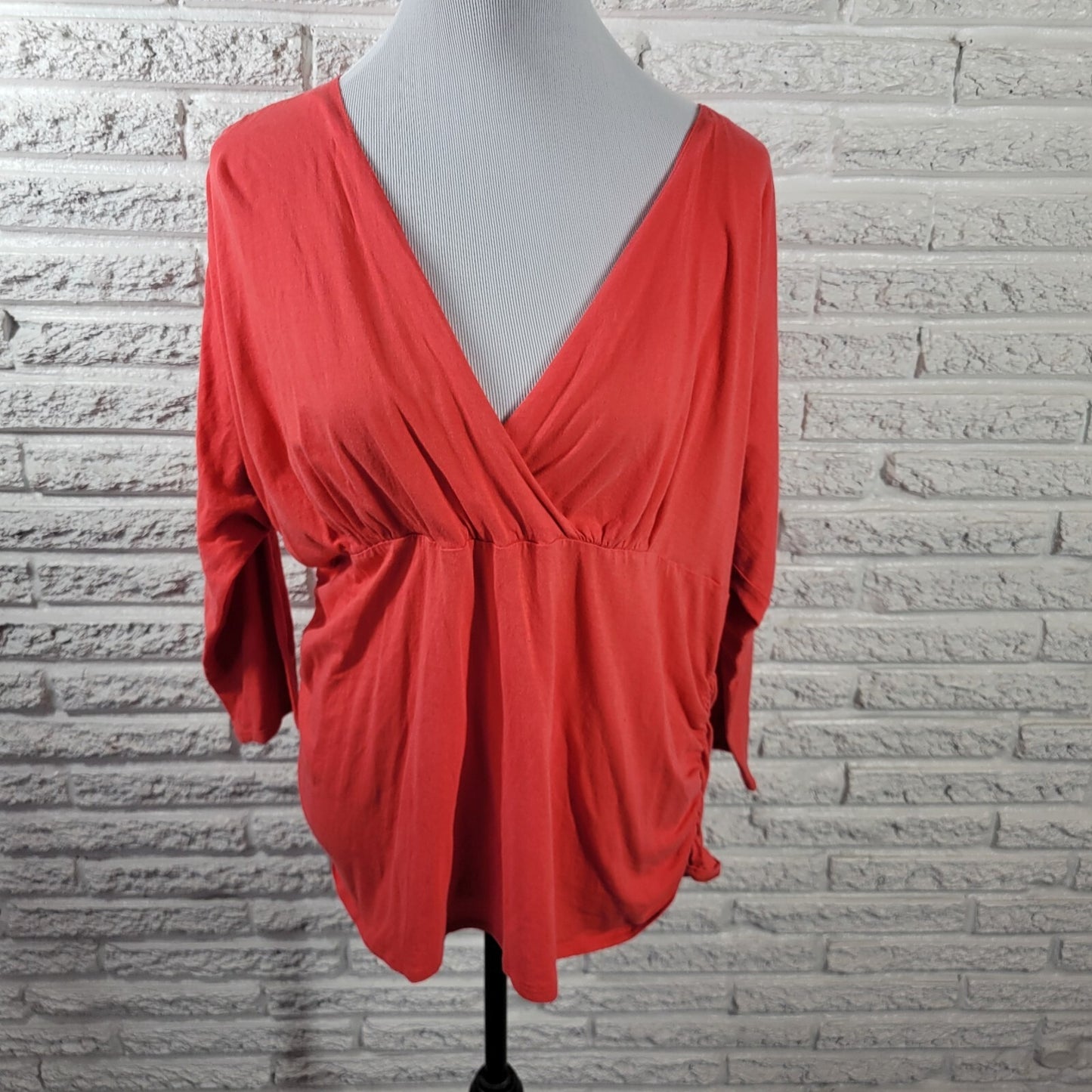 Avenue Womens Top 18 20 Plus 3/4 Sleeve Red Orange Button Up Casual Ruched