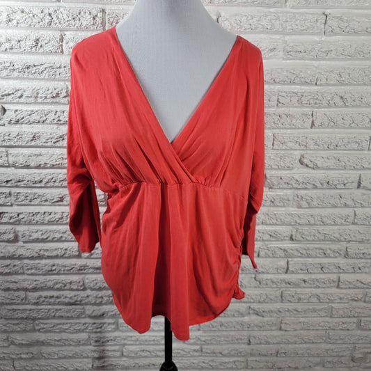 Avenue Womens Top 18 20 Plus 3/4 Sleeve Red Orange Button Up Casual Ruched