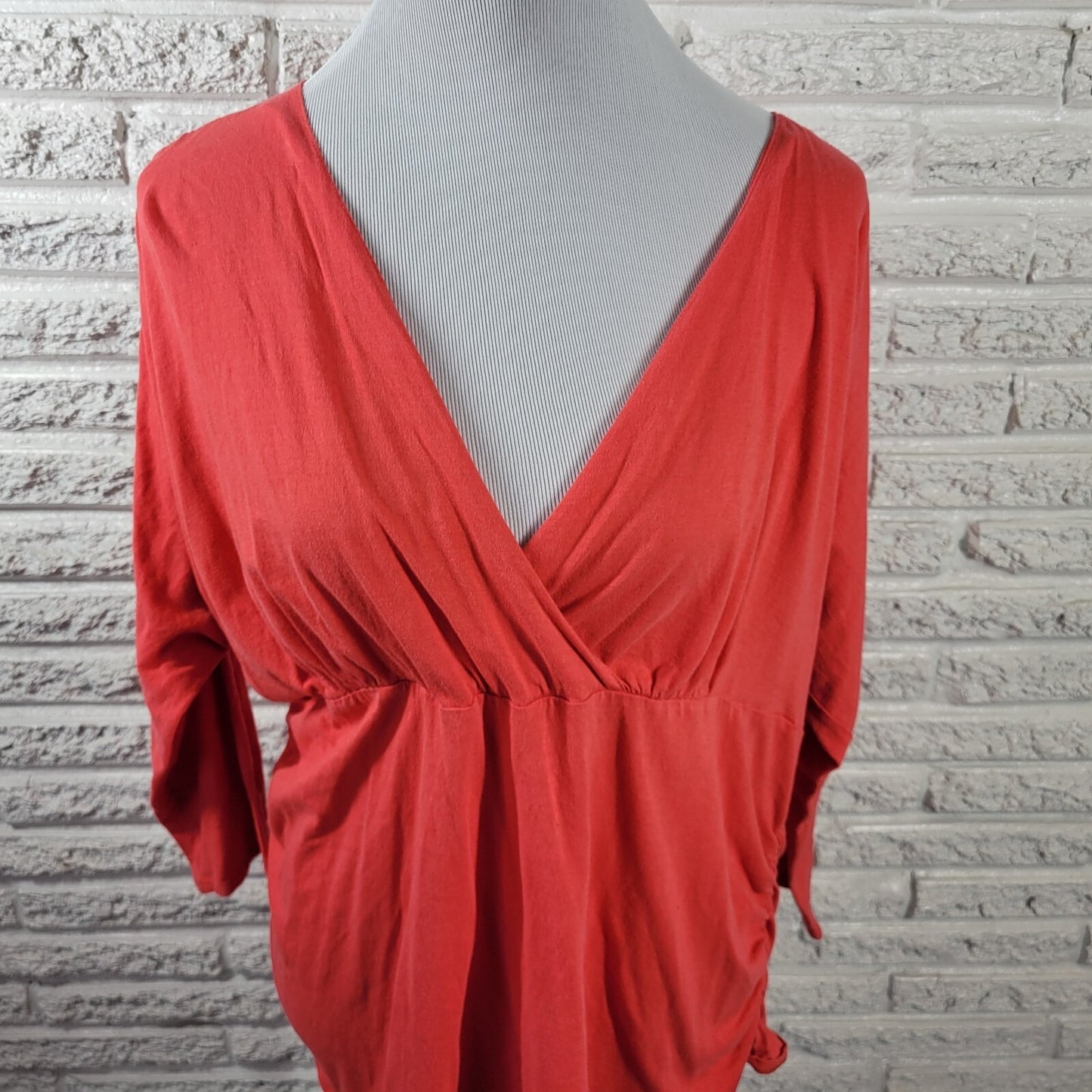 Avenue Womens Top 18 20 Plus 3/4 Sleeve Red Orange Button Up Casual Ruched
