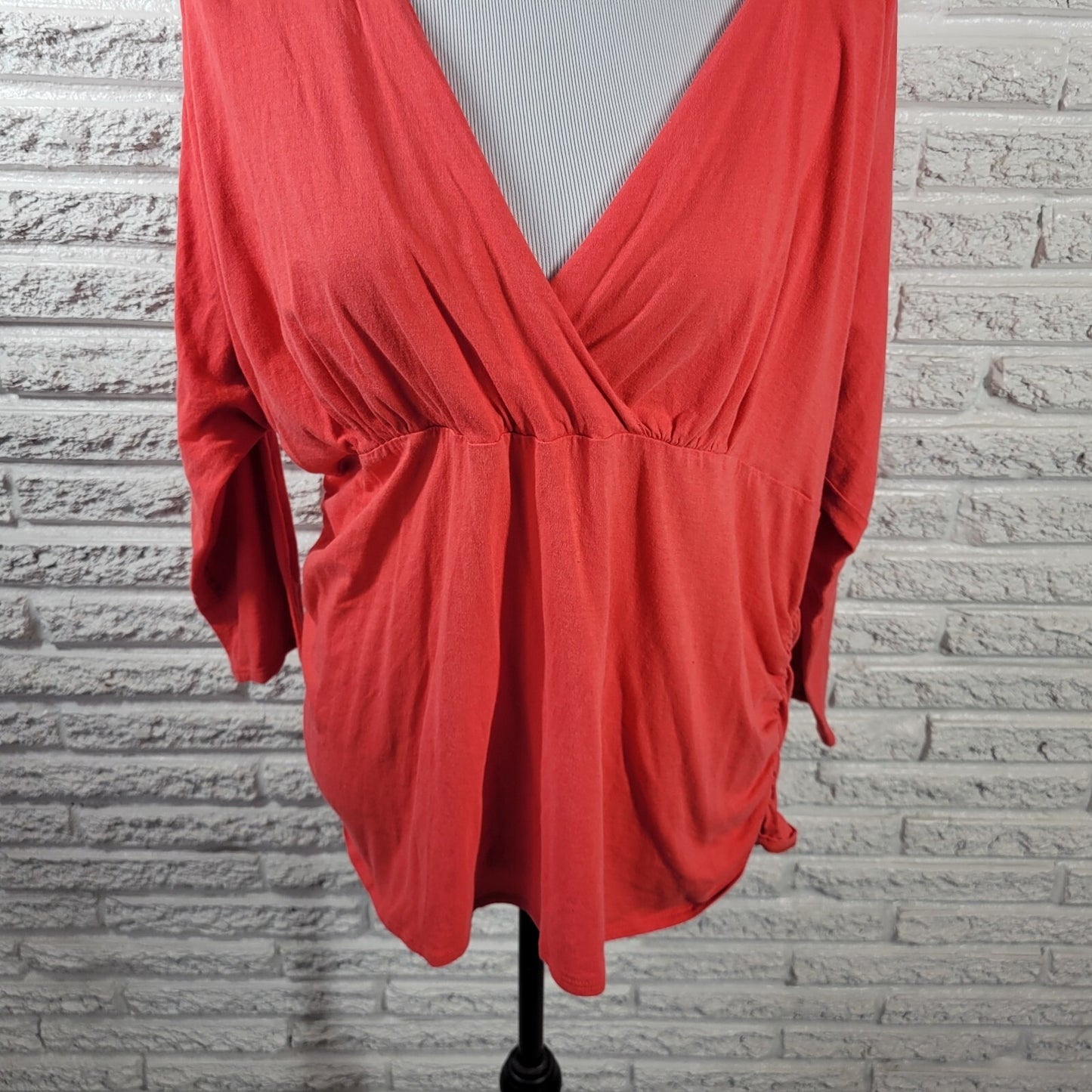Avenue Womens Top 18 20 Plus 3/4 Sleeve Red Orange Button Up Casual Ruched
