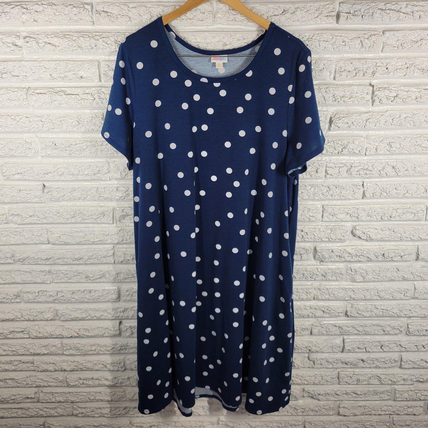 Lularoe Womens Dress 3XL Plus Short Sleeve Blue Polka Dot Pockets Poly Blend