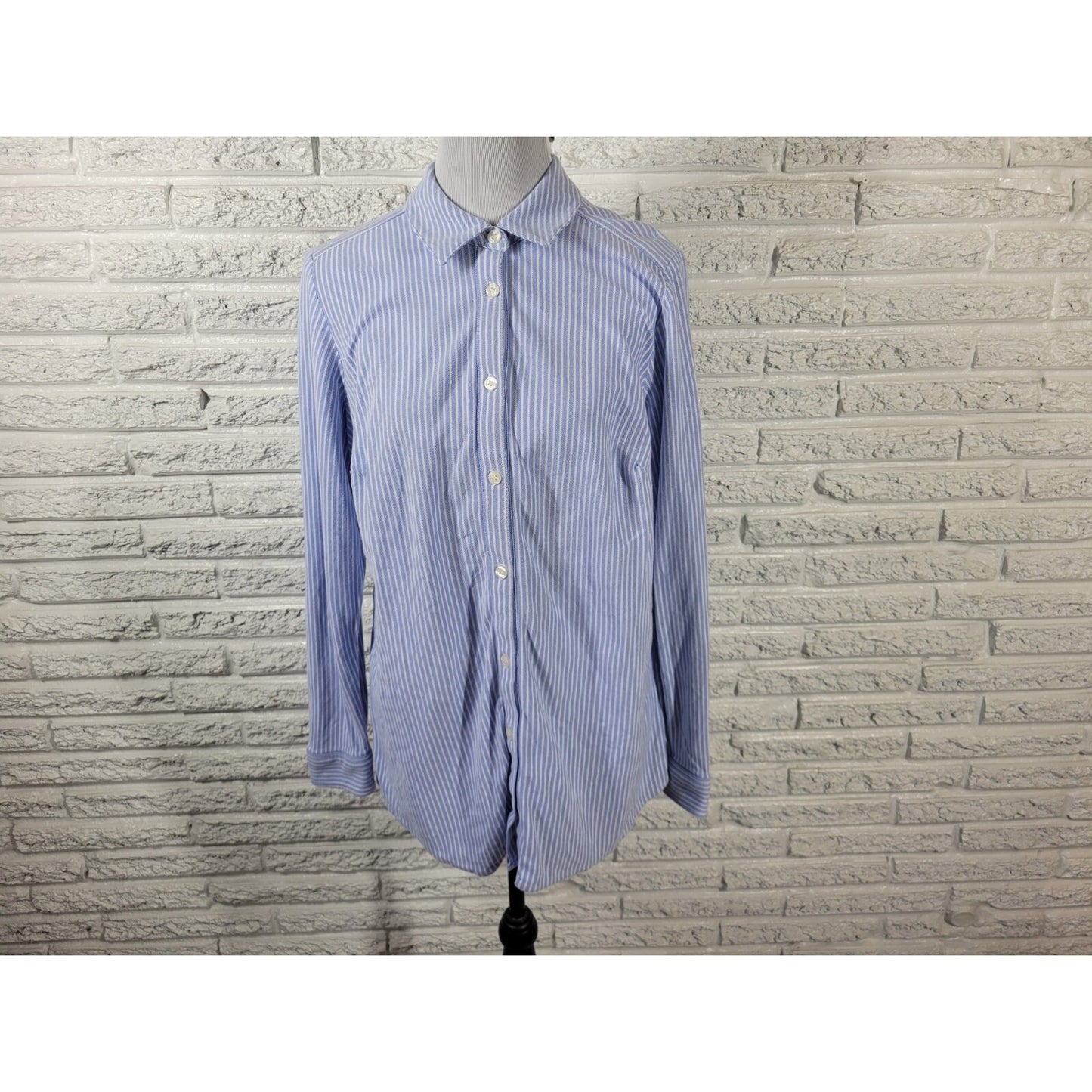 Charter Club Women Top 1X Plus Long Sleeve Button Up Blue Stripe Cotton Collar