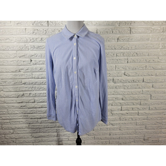 Charter Club Women Top 1X Plus Long Sleeve Button Up Blue Stripe Cotton Collar