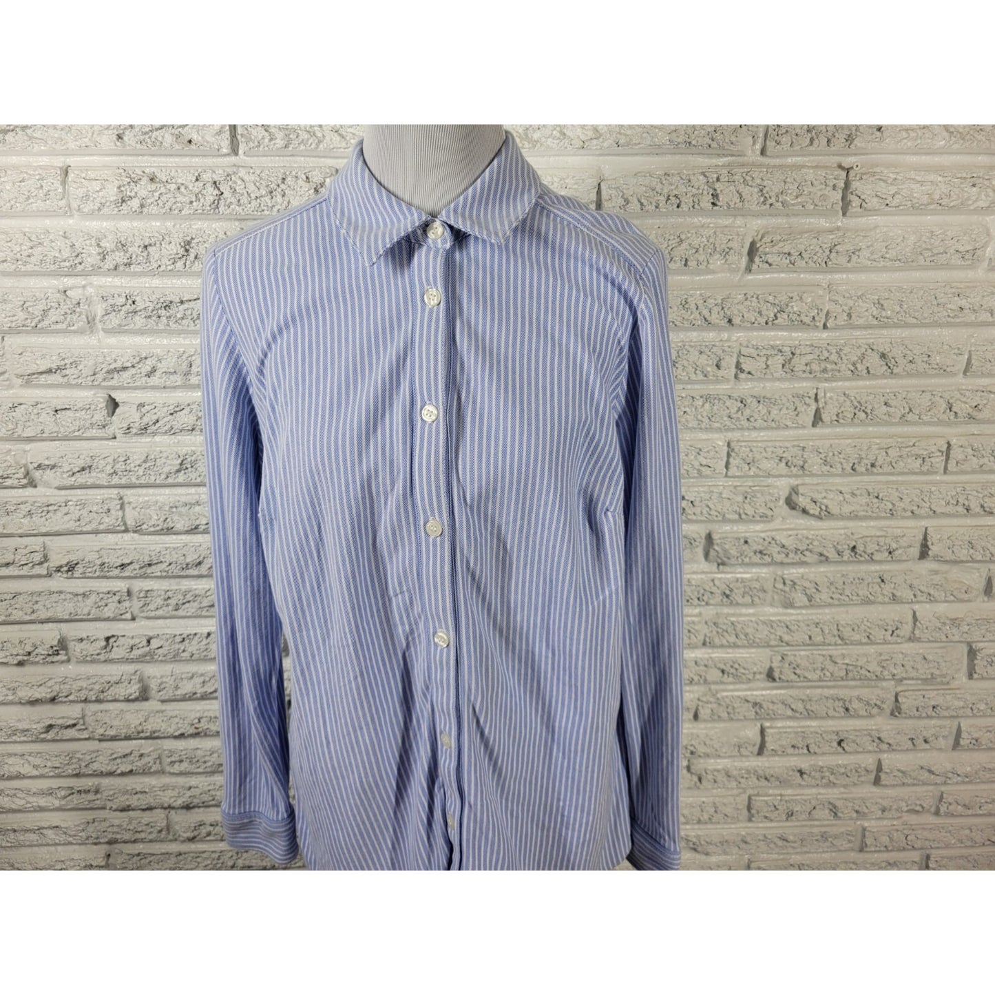 Charter Club Women Top 1X Plus Long Sleeve Button Up Blue Stripe Cotton Collar