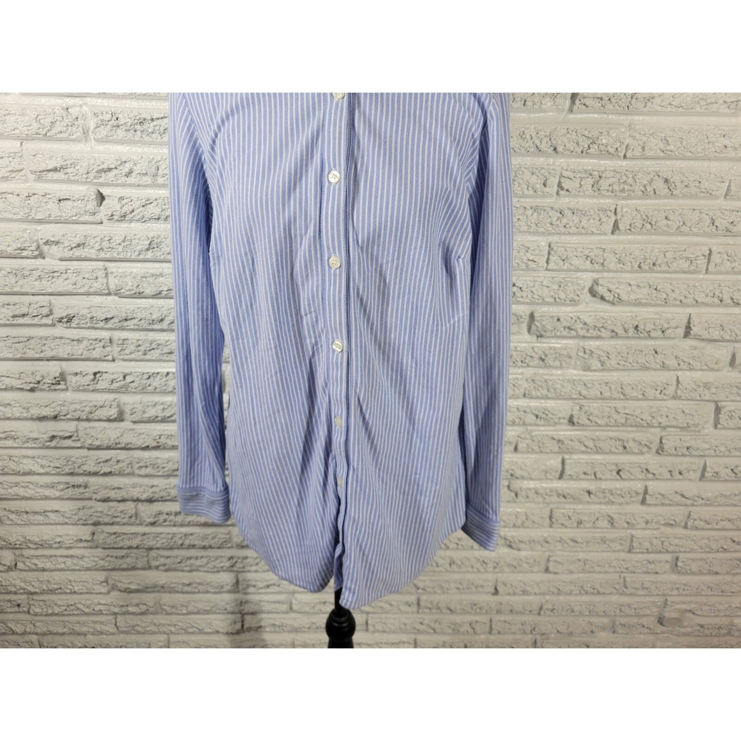 Charter Club Women Top 1X Plus Long Sleeve Button Up Blue Stripe Cotton Collar