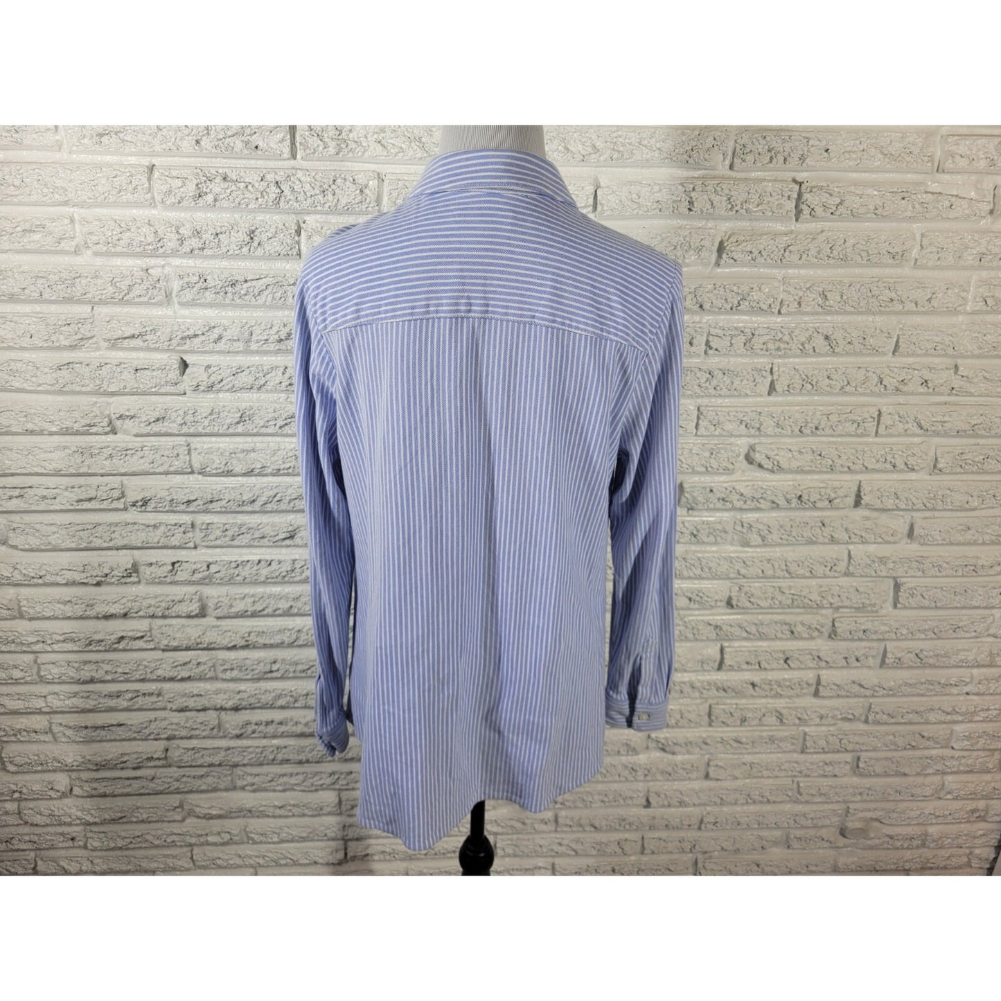 Charter Club Women Top 1X Plus Long Sleeve Button Up Blue Stripe Cotton Collar