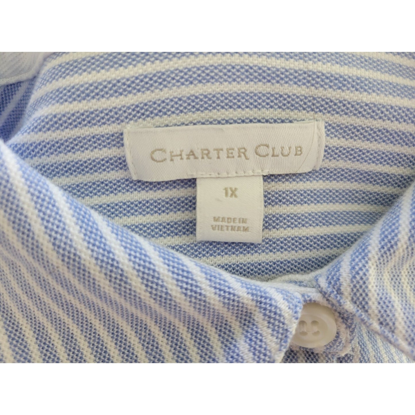 Charter Club Women Top 1X Plus Long Sleeve Button Up Blue Stripe Cotton Collar