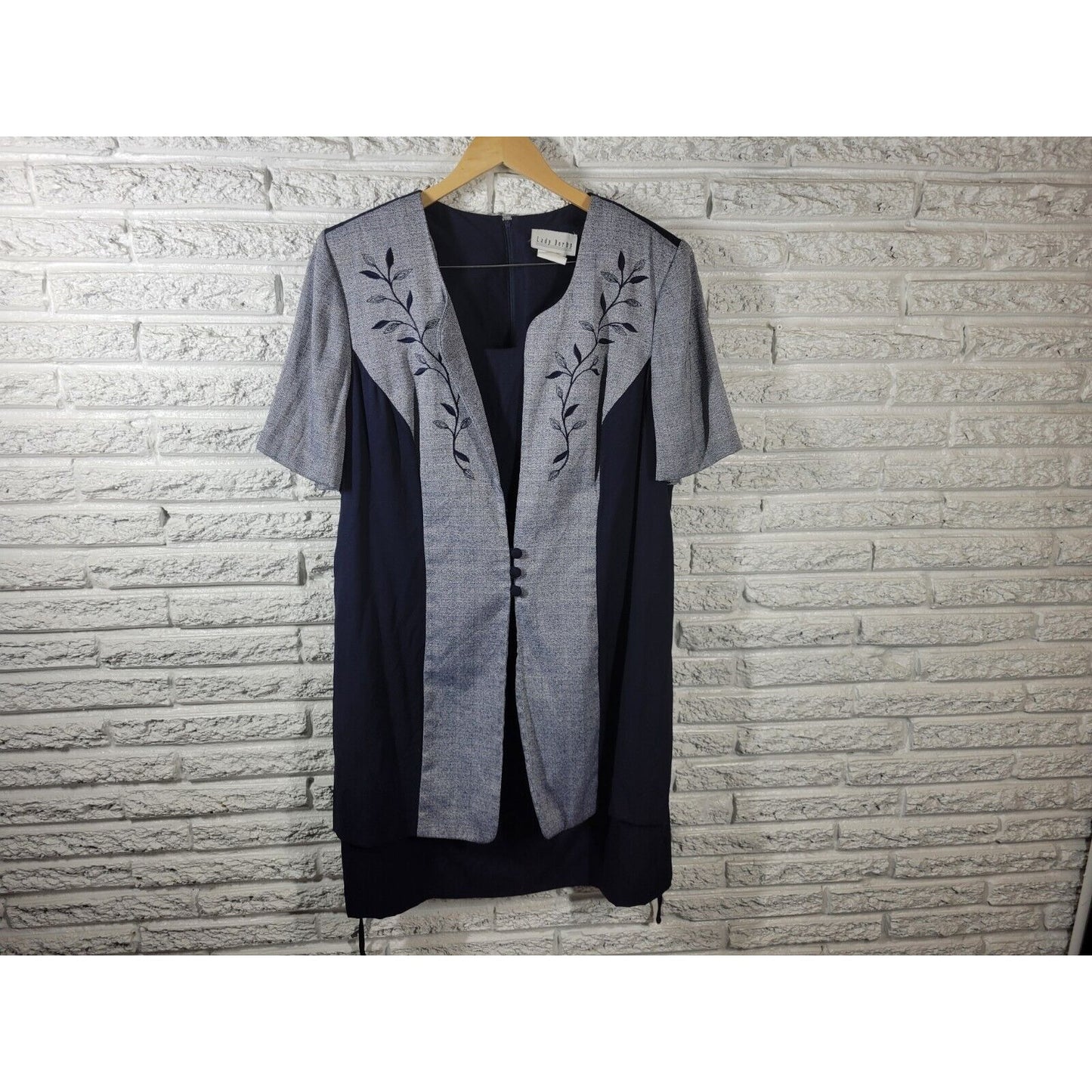 Vintage Lady Dorby Womens Dress 20W Jacket Short Sleeve Blue Embroidered Office