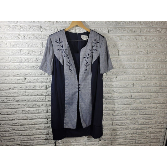 Vintage Lady Dorby Womens Dress 20W Jacket Short Sleeve Blue Embroidered Office