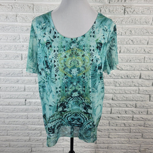 Time Tru Womens Top XL Flutter Sleeve Blue Green Geometric Rhinestones Comfy