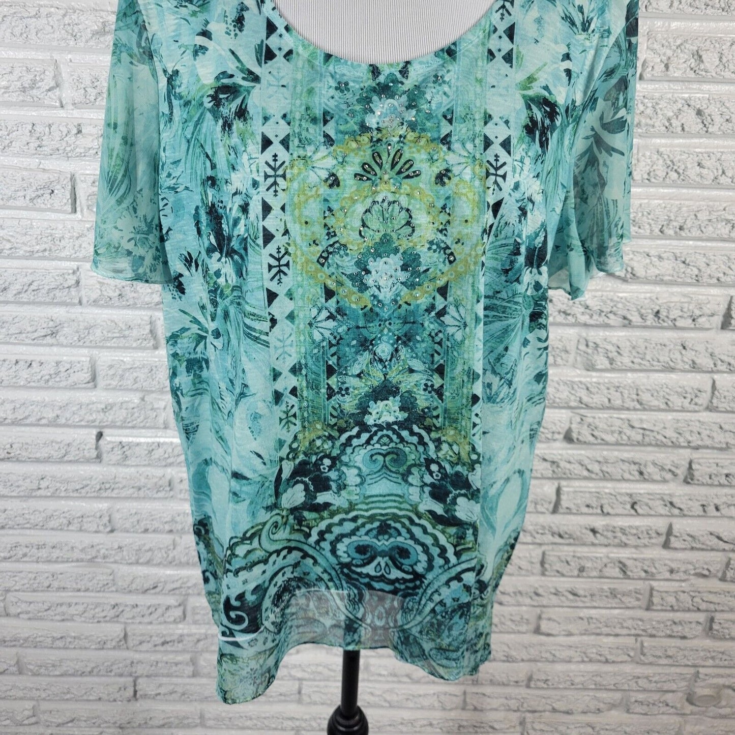 Time Tru Womens Top XL Flutter Sleeve Blue Green Geometric Rhinestones Comfy