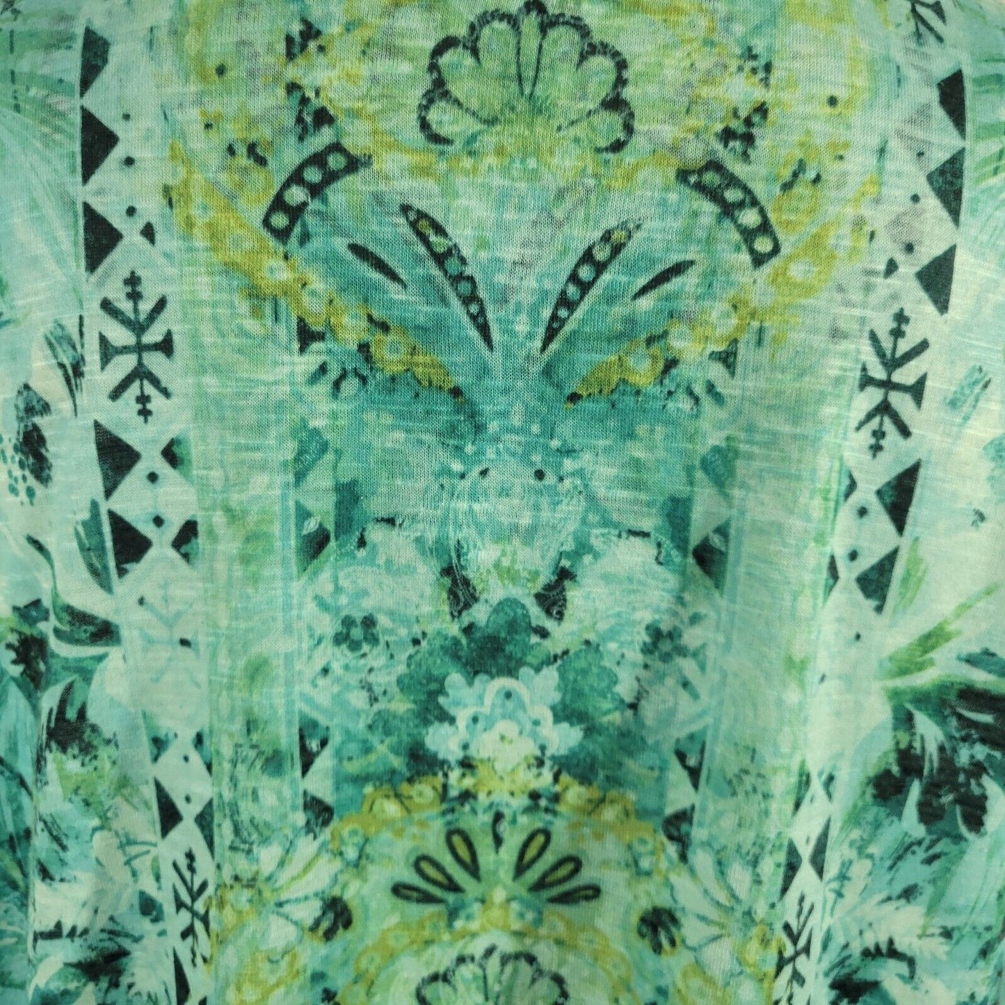 Time Tru Womens Top XL Flutter Sleeve Blue Green Geometric Rhinestones Comfy