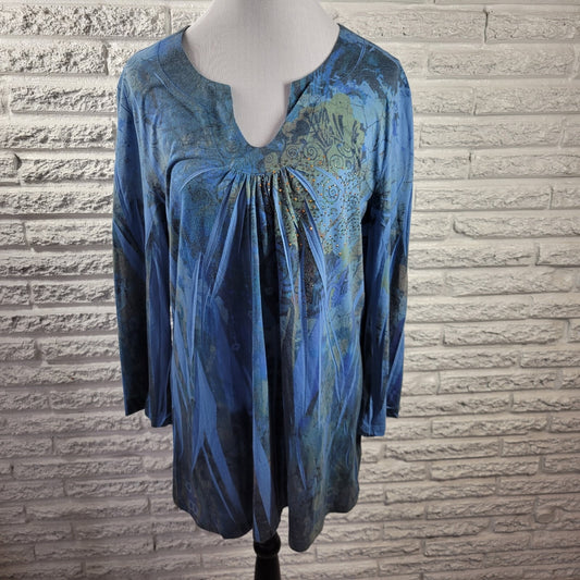 Westbound Women's XL Blue Geometric Pleated Studded V-Neck Long Sleeve Tunic Top