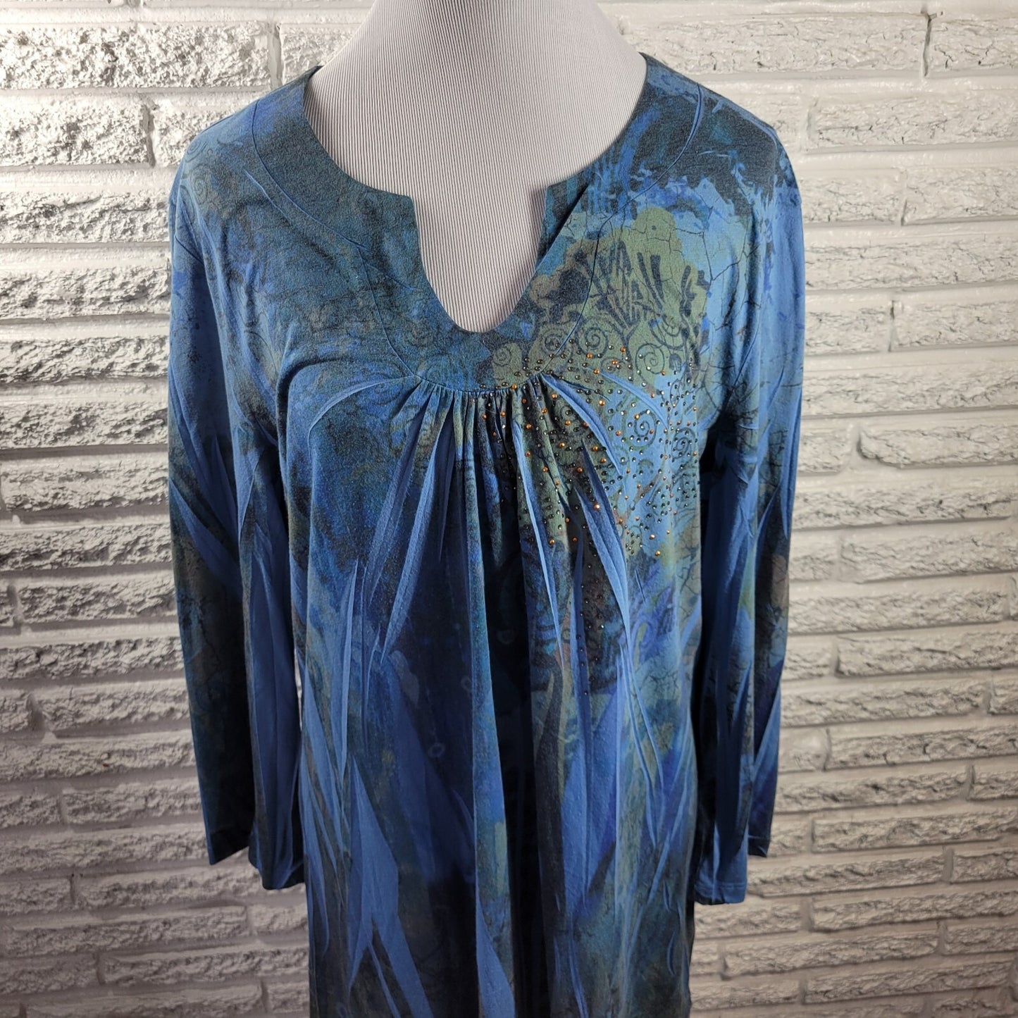 Westbound Women's XL Blue Geometric Pleated Studded V-Neck Long Sleeve Tunic Top