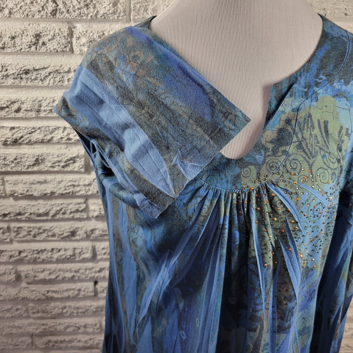 Westbound Women's XL Blue Geometric Pleated Studded V-Neck Long Sleeve Tunic Top