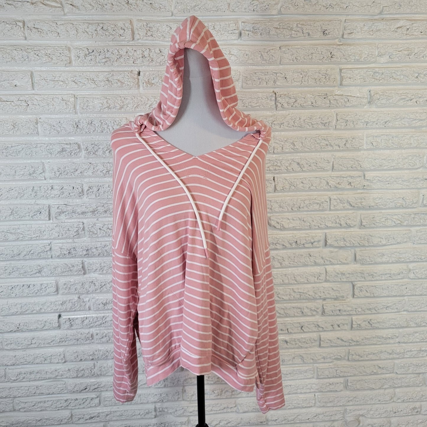 Time Tru Womens Top XXL 20 Hoodie Lightweight Pink Stripe Lightweight Pockets