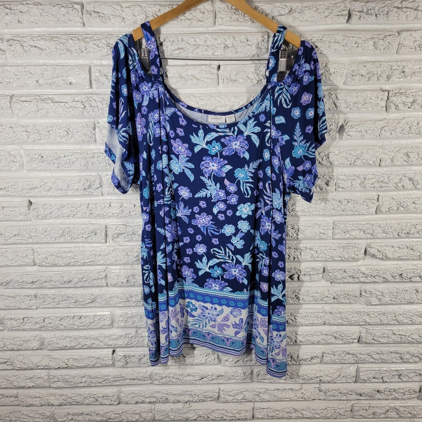 Avenue Womens Top 22 24 Plus Tunic Cold Shoulder Adjustable Strap Blue Floral