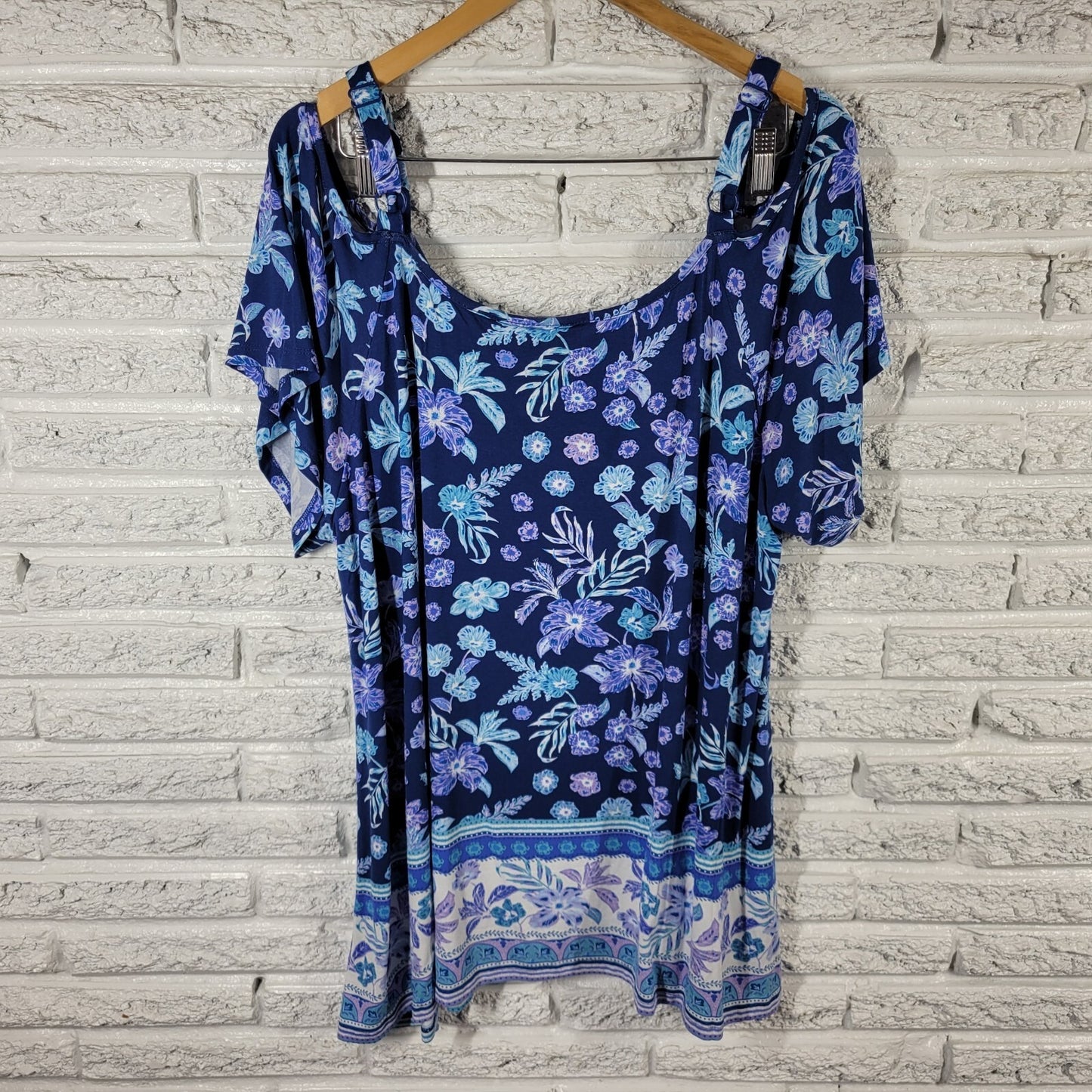 Avenue Womens Top 22 24 Plus Tunic Cold Shoulder Adjustable Strap Blue Floral