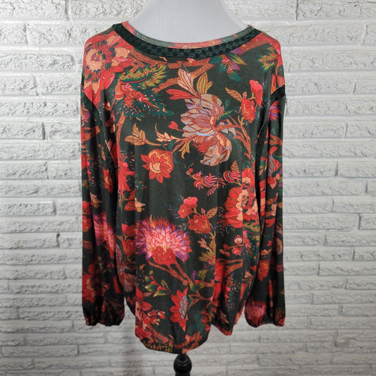 Cato Womens Top Extra Large Long Sleeve Green Red Floral Mesh Neckline Casual