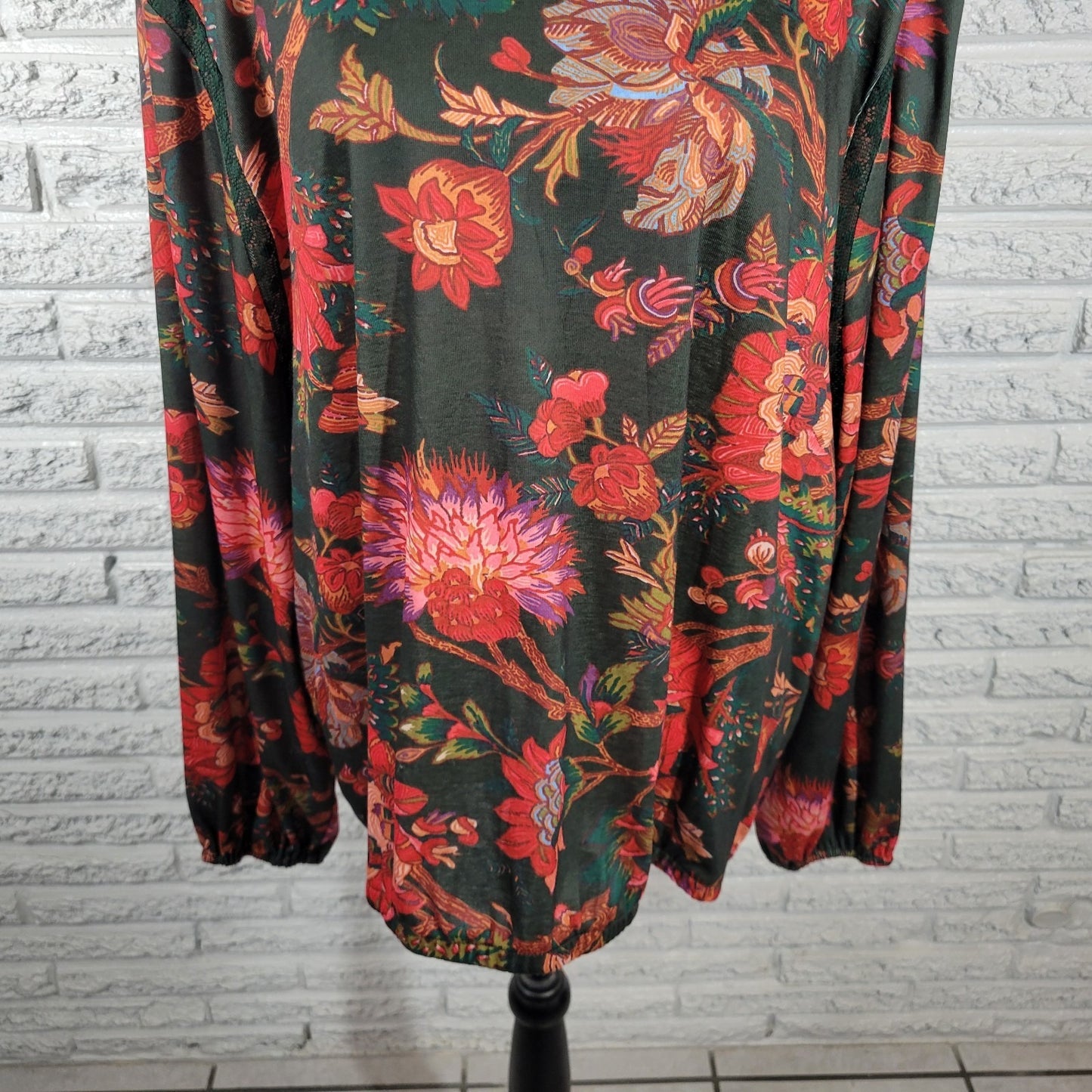 Cato Womens Top Extra Large Long Sleeve Green Red Floral Mesh Neckline Casual
