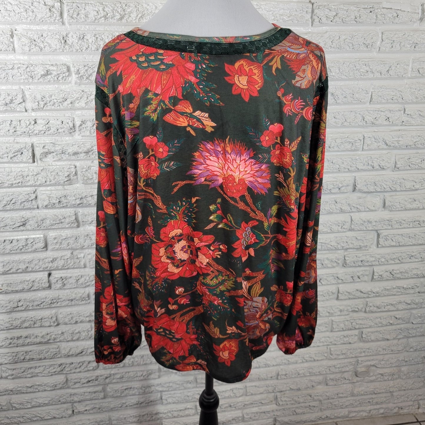 Cato Womens Top Extra Large Long Sleeve Green Red Floral Mesh Neckline Casual