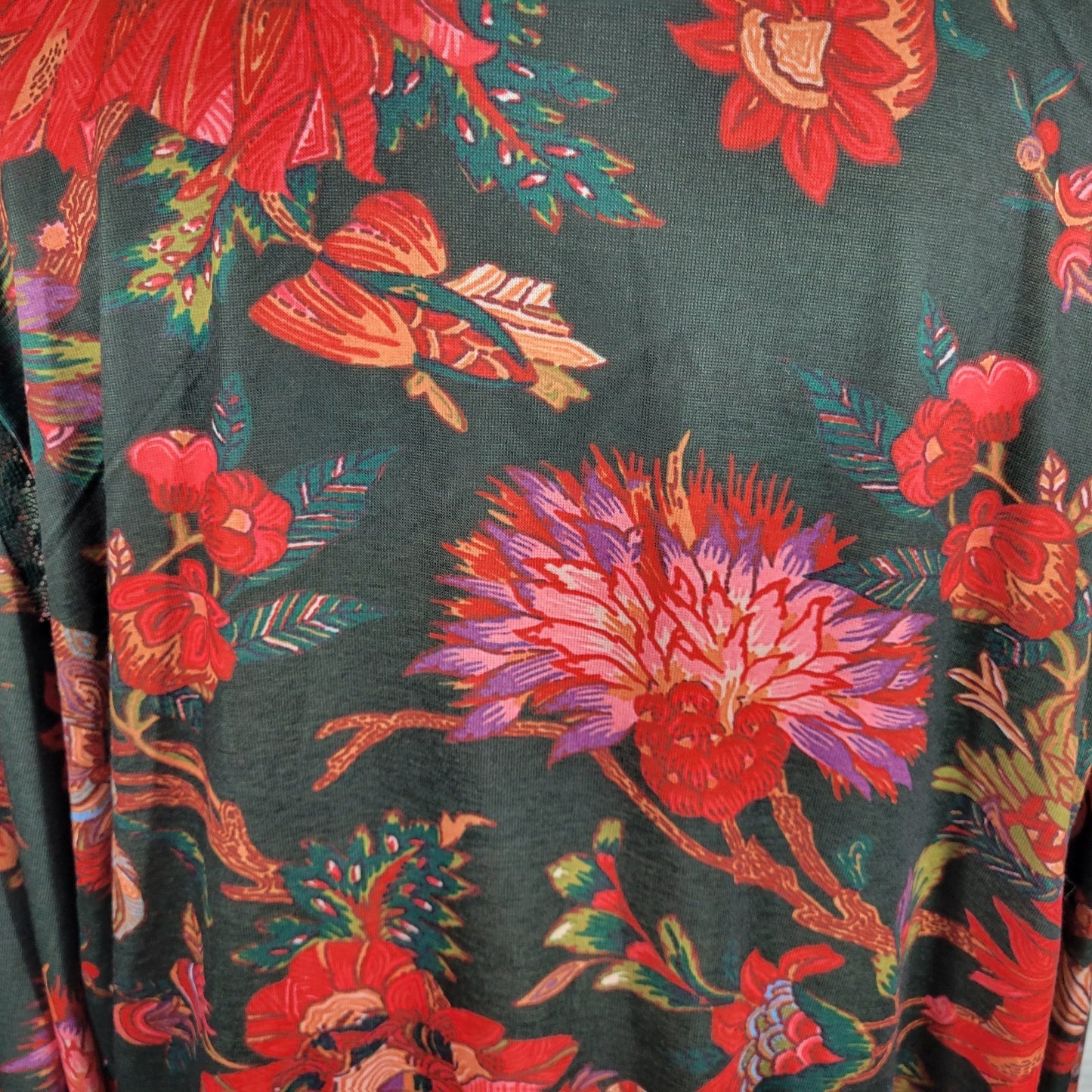 Cato Womens Top Extra Large Long Sleeve Green Red Floral Mesh Neckline Casual