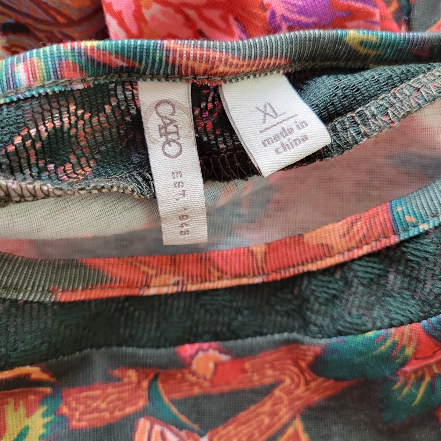 Cato Womens Top Extra Large Long Sleeve Green Red Floral Mesh Neckline Casual