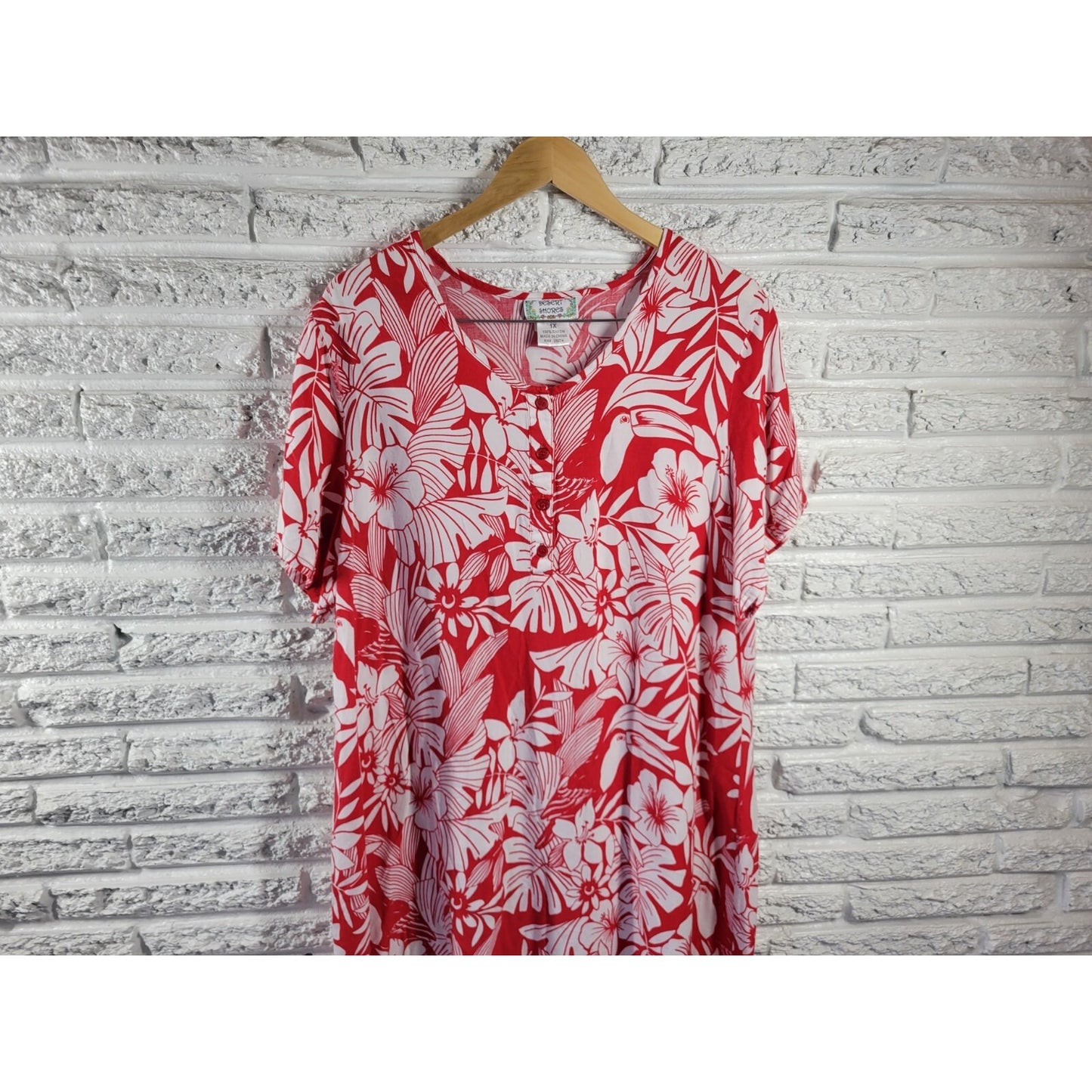 Desert Shores Womens Dress 1X Plus Mini Short Sleeve Quarter Button Red Floral