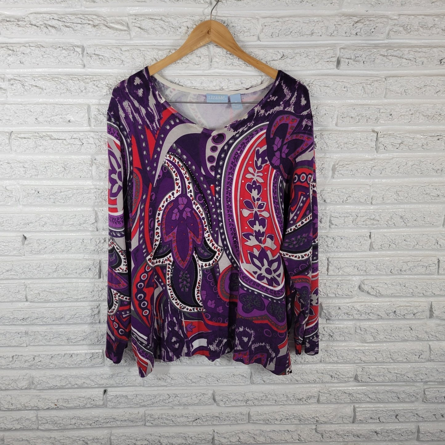 Liz Me Womens Top 3X Plus Long Sleeve Knit Purple Red Rhinestones Sequins Comfy
