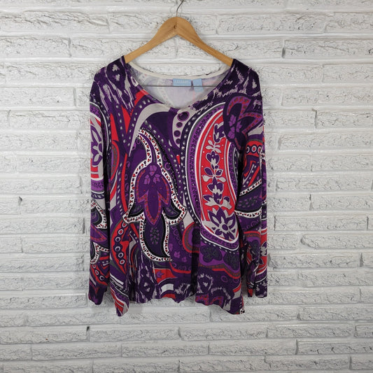 Liz Me Womens Top 3X Plus Long Sleeve Knit Purple Red Rhinestones Sequins Comfy