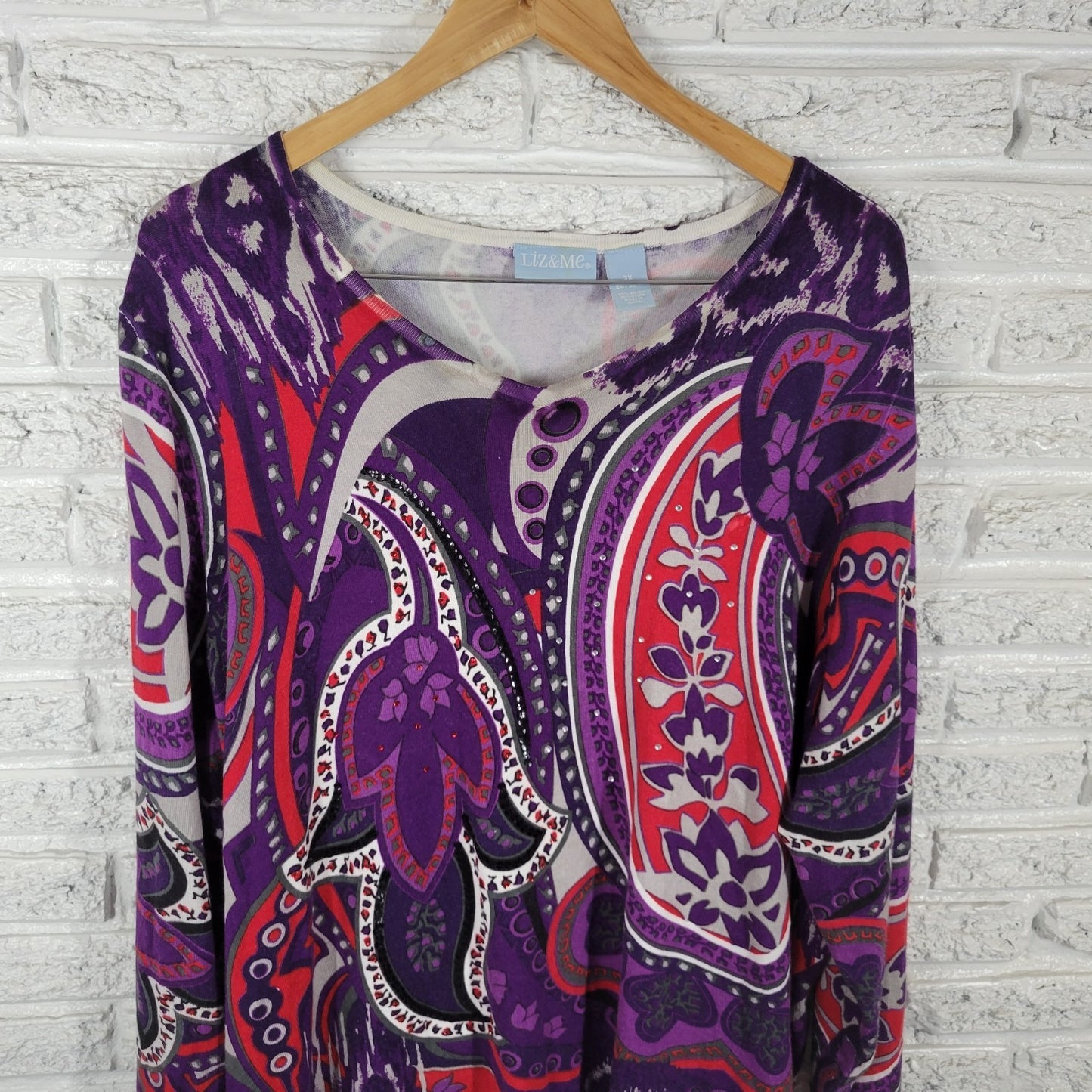 Liz Me Womens Top 3X Plus Long Sleeve Knit Purple Red Rhinestones Sequins Comfy