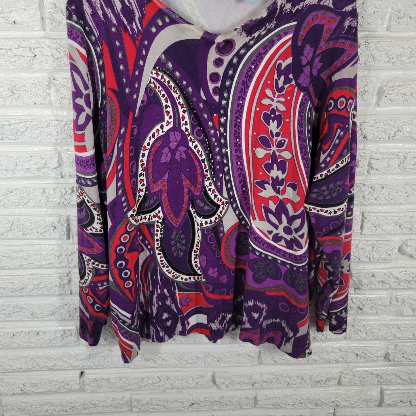 Liz Me Womens Top 3X Plus Long Sleeve Knit Purple Red Rhinestones Sequins Comfy