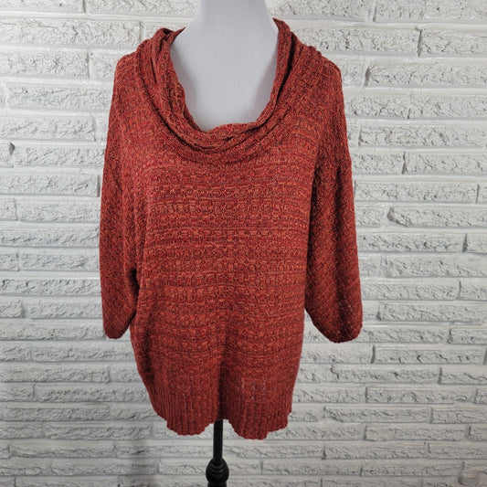 CJ Banks Women Sweater 2X Plus 3/4 Sleeve Red Pink Cowl Neck Soft Acrylic Office