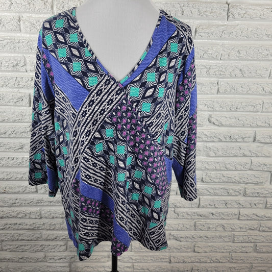 Ruby Rd Womens Top 2X Plus 3/4 Sleeve Blue Geometric Cotton Blend Casual Comfy