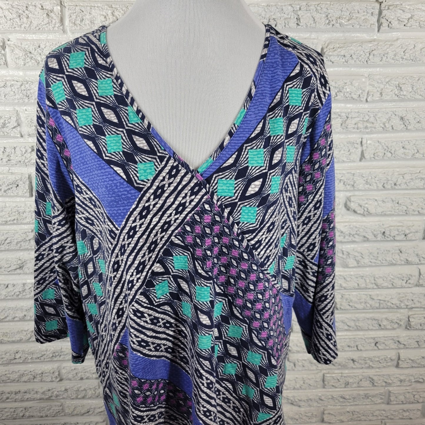 Ruby Rd Womens Top 2X Plus 3/4 Sleeve Blue Geometric Cotton Blend Casual Comfy