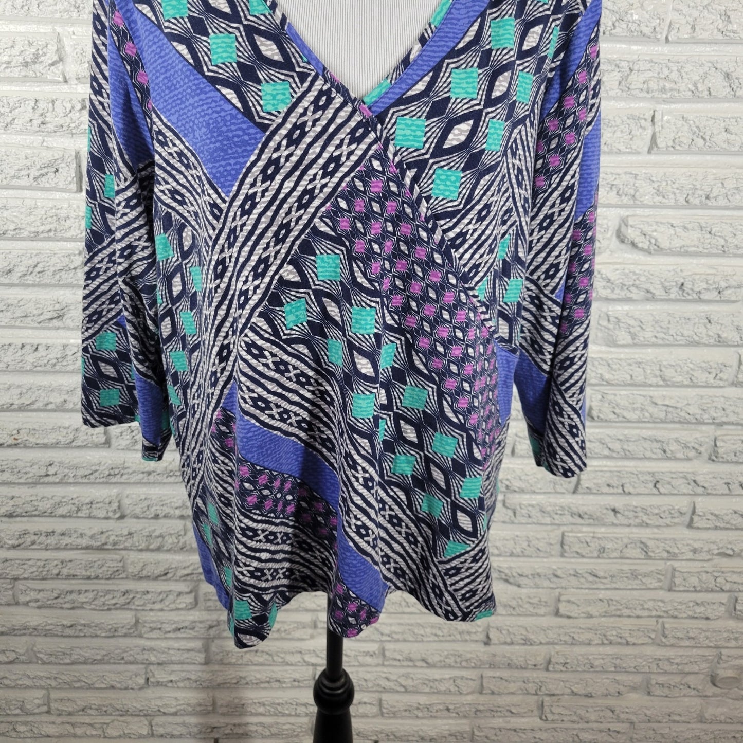 Ruby Rd Womens Top 2X Plus 3/4 Sleeve Blue Geometric Cotton Blend Casual Comfy