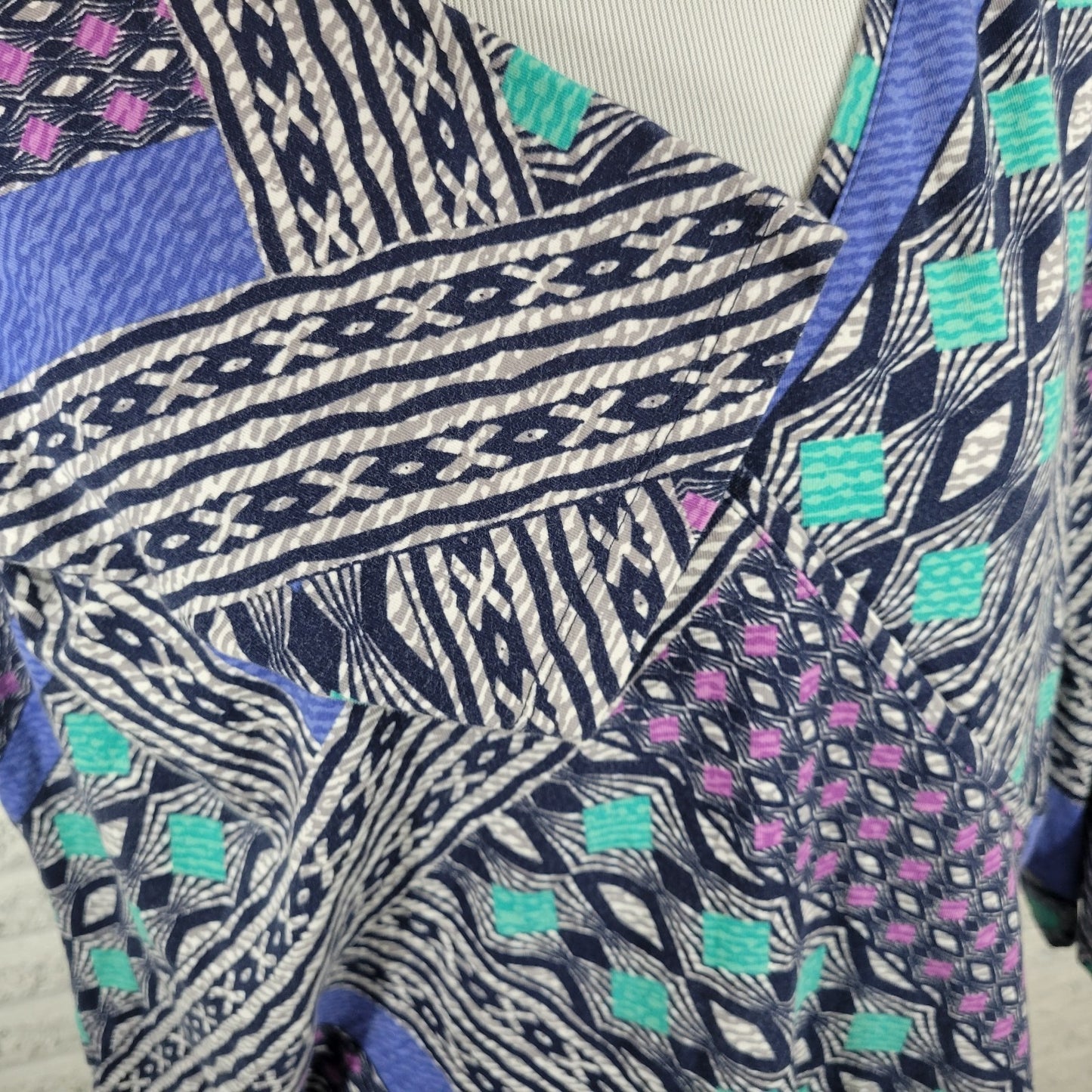 Ruby Rd Womens Top 2X Plus 3/4 Sleeve Blue Geometric Cotton Blend Casual Comfy