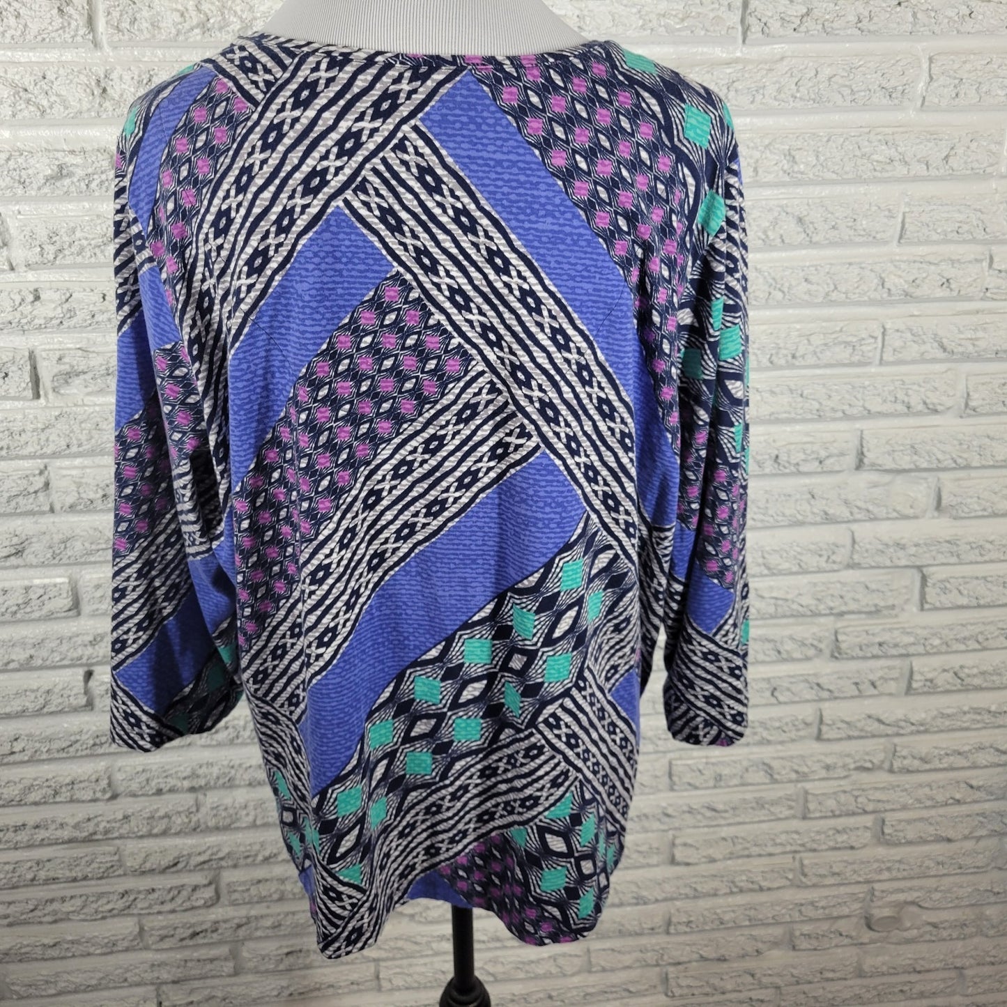 Ruby Rd Womens Top 2X Plus 3/4 Sleeve Blue Geometric Cotton Blend Casual Comfy