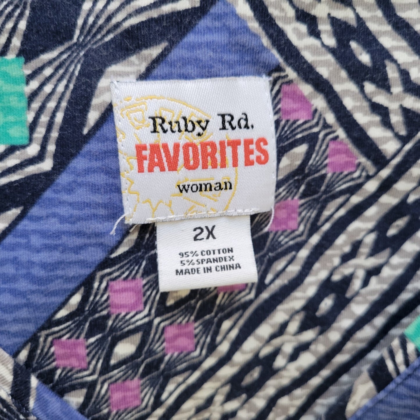 Ruby Rd Womens Top 2X Plus 3/4 Sleeve Blue Geometric Cotton Blend Casual Comfy