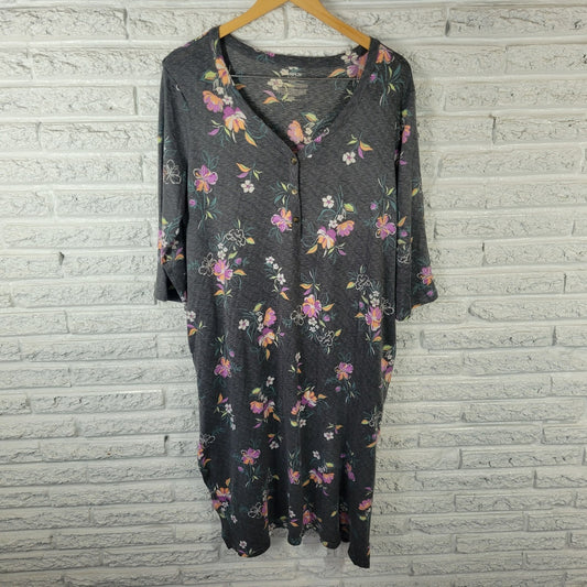 Joyspun Womens Nightgown XL 16 18 Knit 3/4 Sleeve Green Floral Loungewear Button