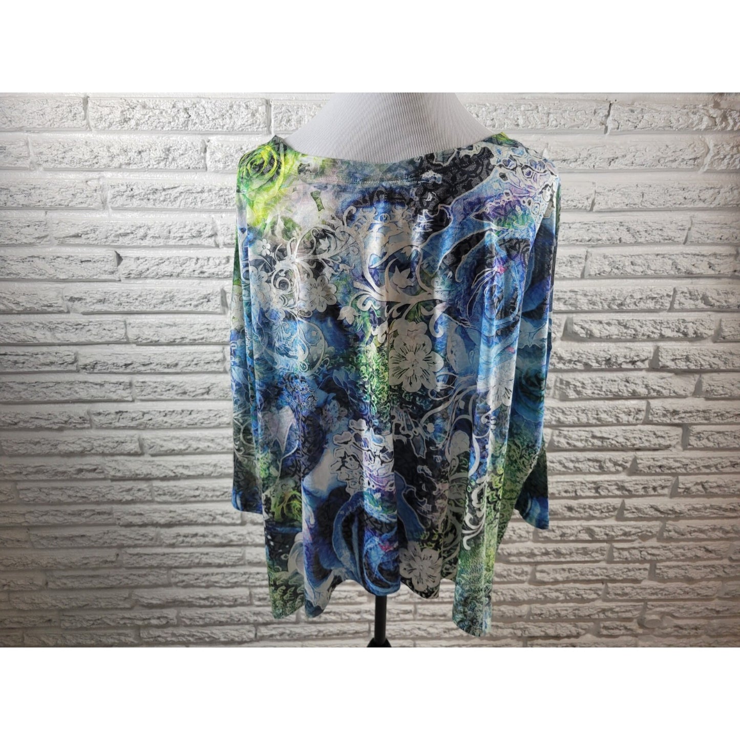 Style & Co Womens Top 1X Plus 3/4 Sleeve Blue Floral Lightweight Poly Blend