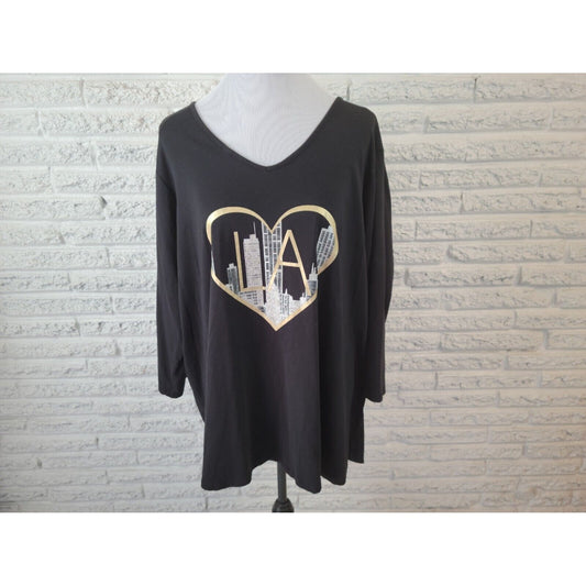 Avenue Womens Top 26 28 Plus Tee Tunic Los Angeles Cityscape 3/4 Sleeve Metallic