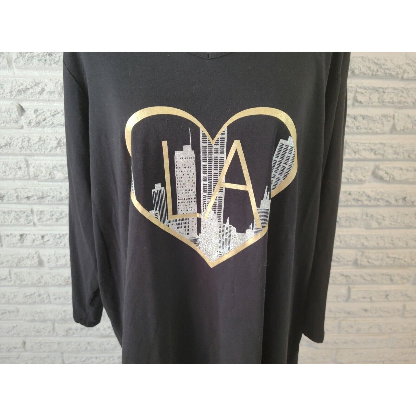 Avenue Womens Top 26 28 Plus Tee Tunic Los Angeles Cityscape 3/4 Sleeve Metallic