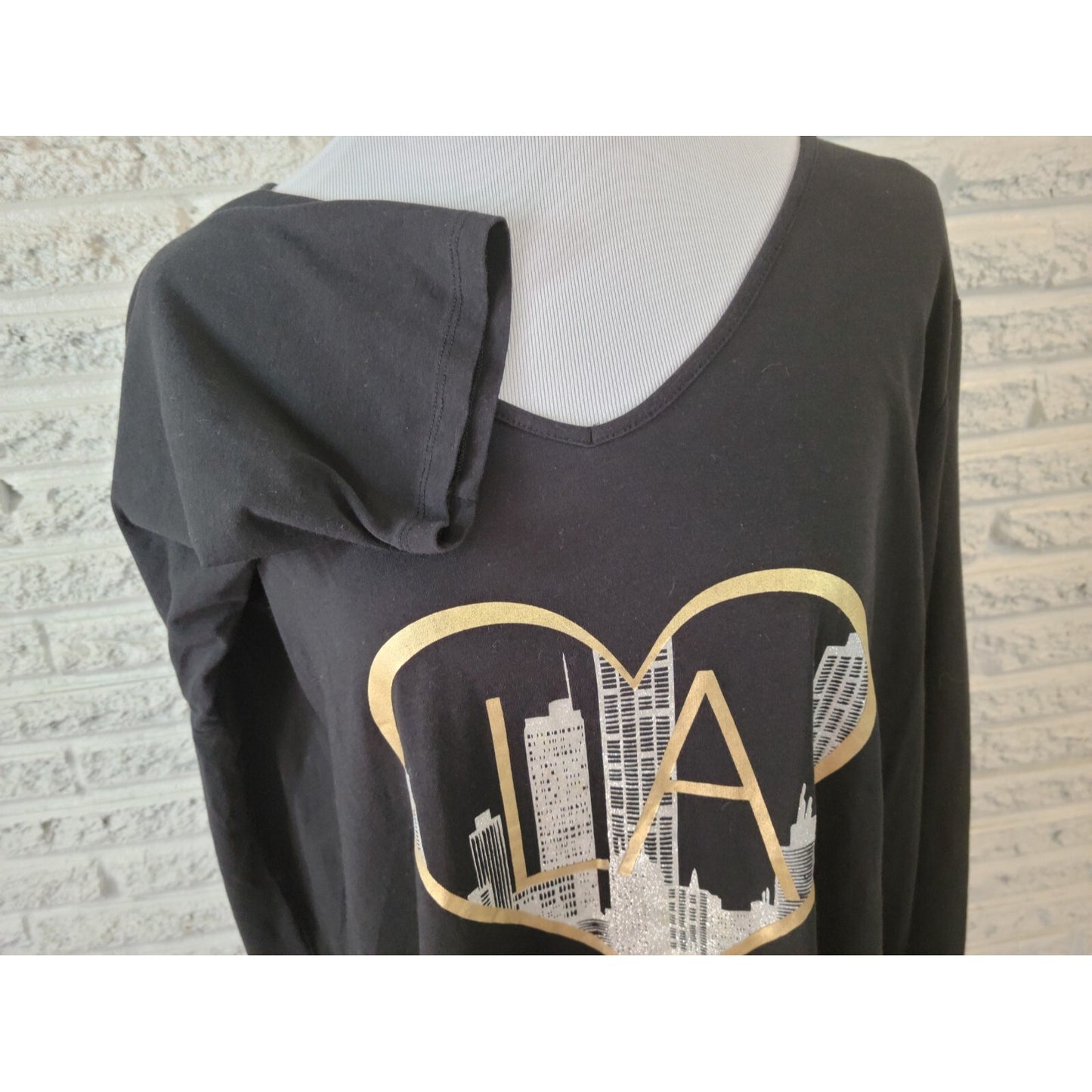 Avenue Womens Top 26 28 Plus Tee Tunic Los Angeles Cityscape 3/4 Sleeve Metallic