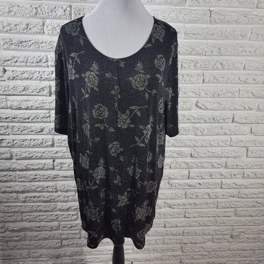 Fashion Bug Women Top 2X Short Sleeve Black Floral Lightweight Party Career Knit